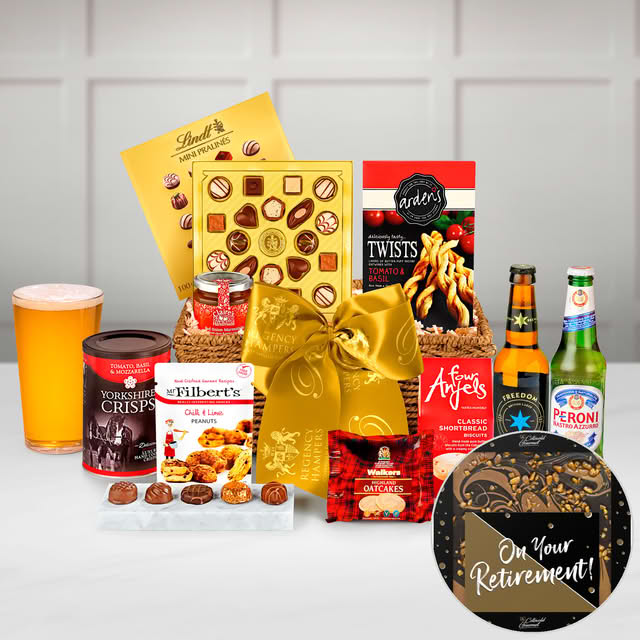 Regency Hampers Retirement Cotswold Gift Hamper with Hop House 13 Lager, Thorntons Classic Collection in a Hand Woven Willow Tray