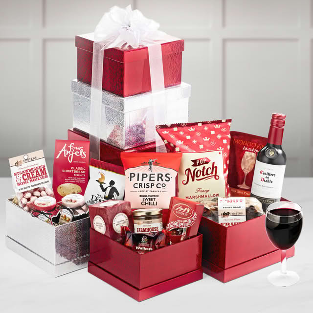 Sweet & Savoury Large Gift Tower in a Large Red / Silver Tower Boxes