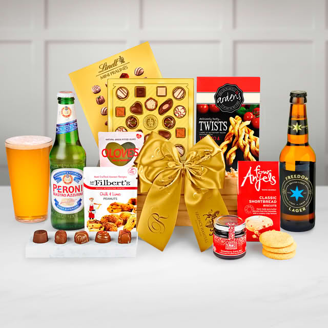Regency Hampers Whittington Wooden Box with Peroni Lager and Lindt, Mini Pralines, 100g in a Wooden Crate