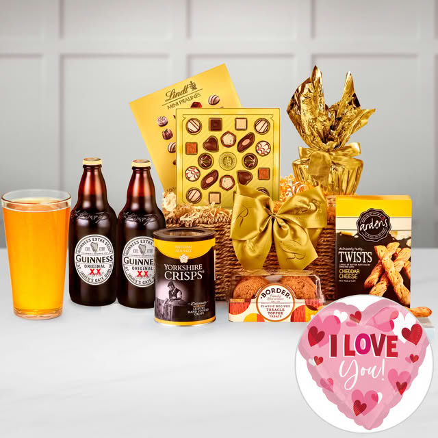 Kendal Gift Hamper With Guinness Original Stout, Thorntons Classic Collection and "I Love You" Balloon in a Hand Woven Willow Tray