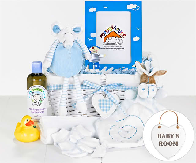 Baby Boy Gift Hamper - Toys, Bath Time, Clothes, Room Sign, Picture Frame & More