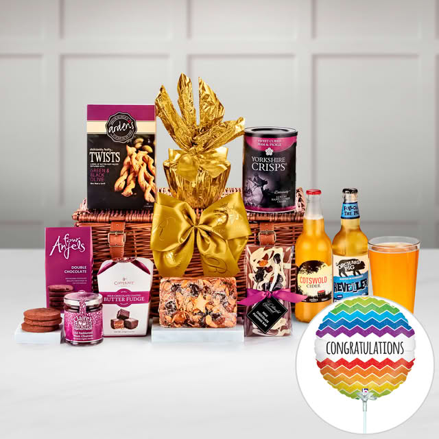 Congratulations Chalford Gift Hamper in a Handmade Willow Picnic Hamper