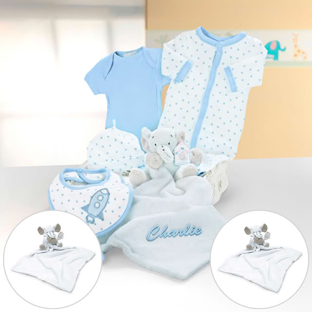 Regency Hampers Personalised Bundle Of Joy Clothing Set in a Hand Woven Whitewashed Willow Tray