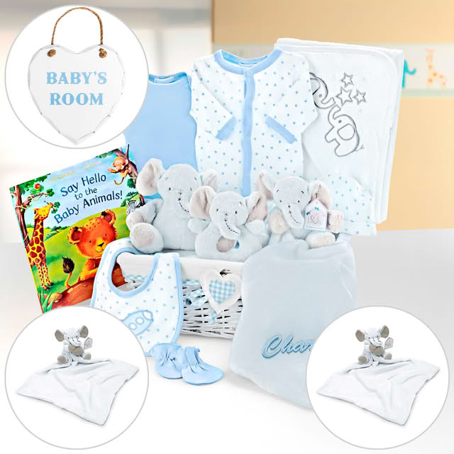Personalised Baby Boy Gift Hamper - Plush Toy, 5-Piece Outfit, Book & More