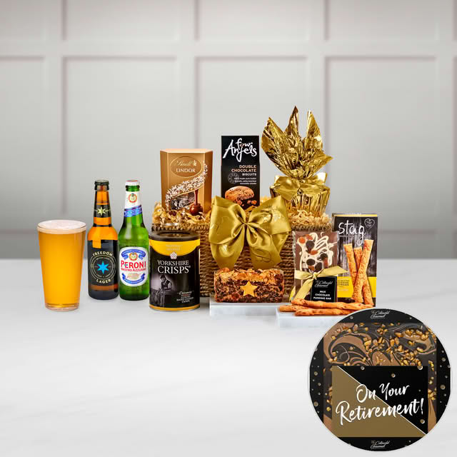 Retirement Chedworth Gift Hamper With Hop House 13 Lager, Lindor Chocolate Truffles in a Hand Woven Willow Tray