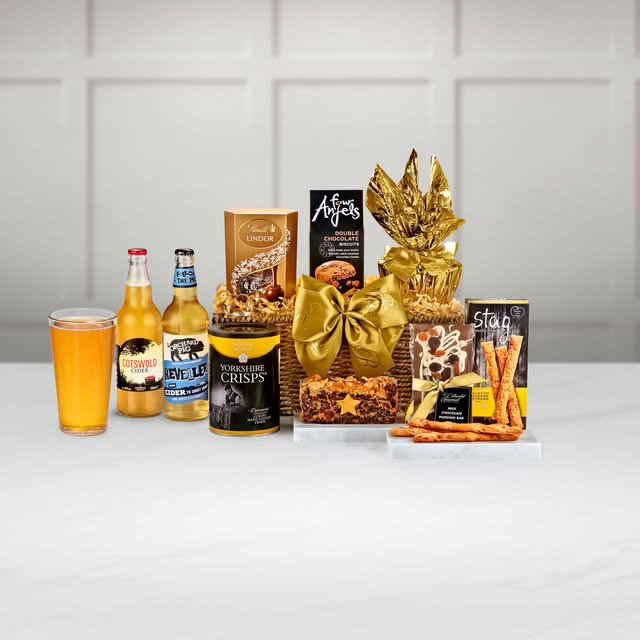 Chedworth Gift Hamper With Cotswold Cider and Lindor Chocolate Truffles in a Hand Woven Willow Tray