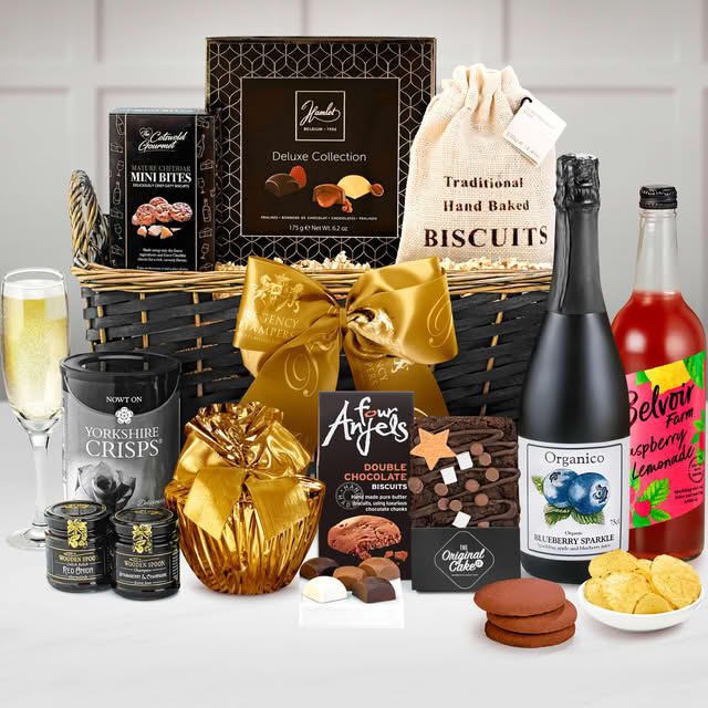 Birthday Westonbirt Alcohol-free Gift Hamper With Organic Blueberry Sparkle Drink in a Hand Woven Willow Tray