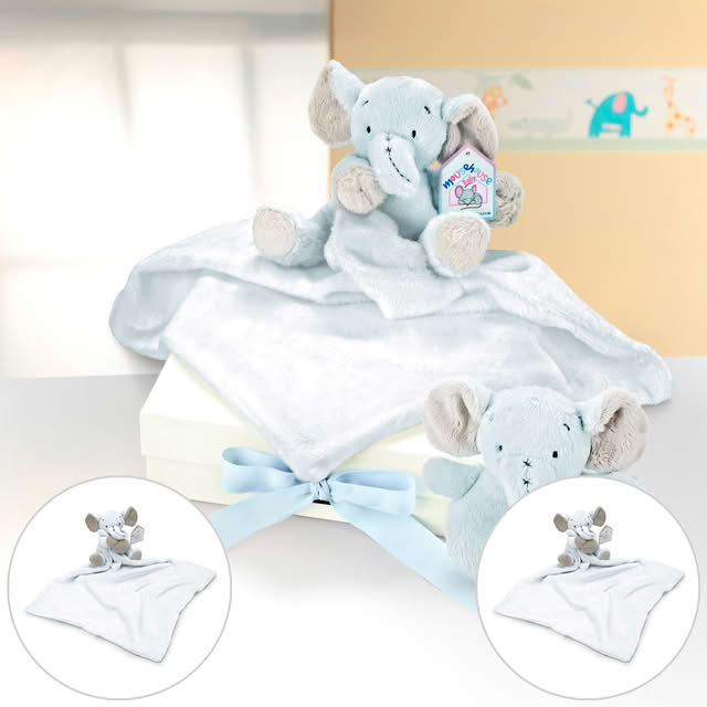New Baby Personalised Comforter & Ring Rattle Gift Box in a Ivory Medium Gift Box With Ribbon