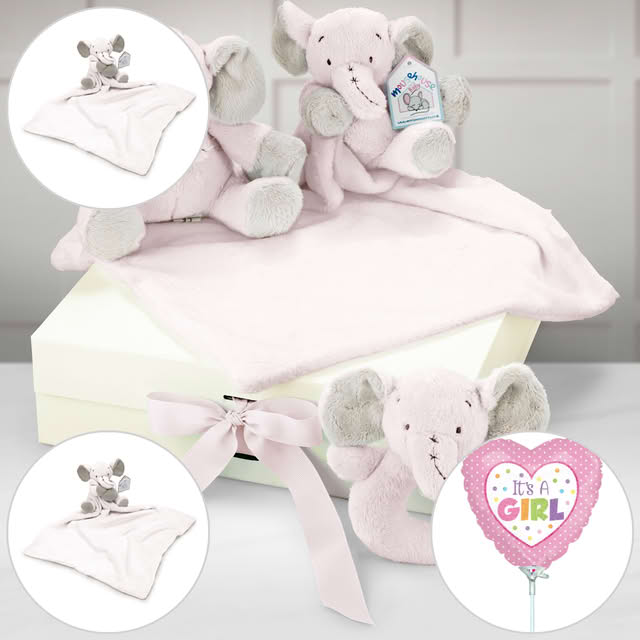 Personalised New Baby Girl Gift Hamper - Comfort Blanket, Ring Rattle & Plush Toys
