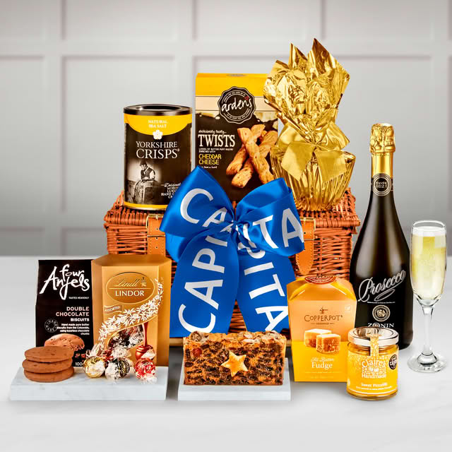 Bespoke Branded Highbury Gift Hamper With Zonin 1821 Prosecco and Lindor Chocolate Truffles in a Handmade Willow Picnic Hamper