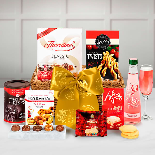 Regency Hampers Cotswold Alcohol-Free Gift Hamper with Bottlegreen Pomegranate & Elderflower Pressé in a Hand Woven Willow Tray