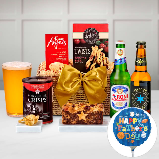 Father's Day Clarendon Gift Hamper With Two Bottles of Peroni, Hop House 13 Larger, Shortbread and Crisps In A Seagrass Tray