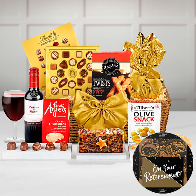 Retirement Bourton Gift Tray With Casillero Del Diablo Cabernet Sauvignon, Thorntons Classic Collection in a Hand Woven Willow Tray