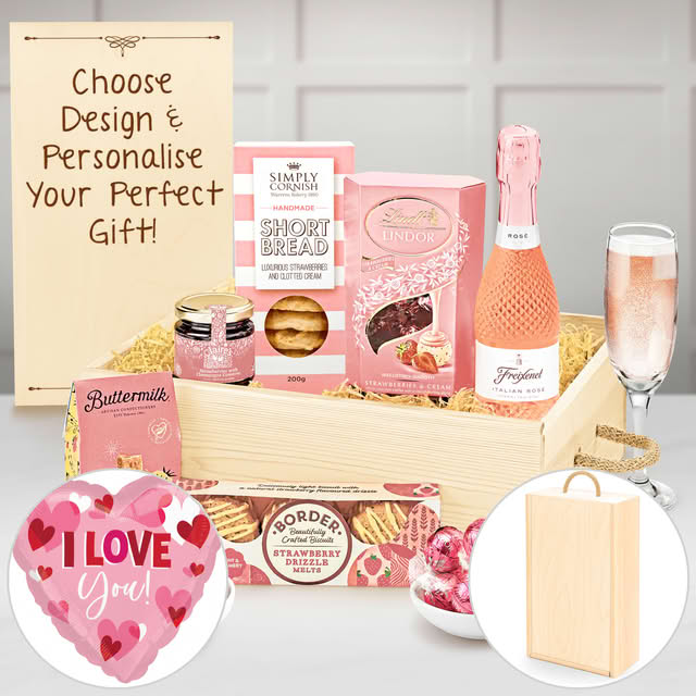 Personalised Ladies' Gift Box With Freixenet, Italian Sparkling Rose, 20cl, Lindor Milk Chocolate and "I Love You" Balloon