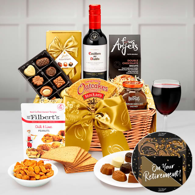 Luxury Retirement Gift Hamper - Red Wine, Chutney, Oatcakes, Biscuits & More