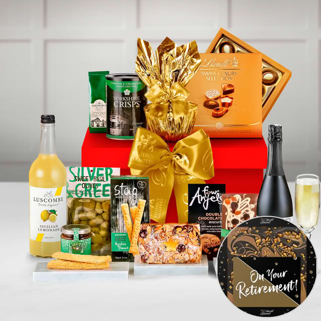 Retirement Knightsbridge Gift Box With Organic Blueberry Sparkle Drink in a Lidded Large Gift Box - Red (430mm X 315mm X 200mm