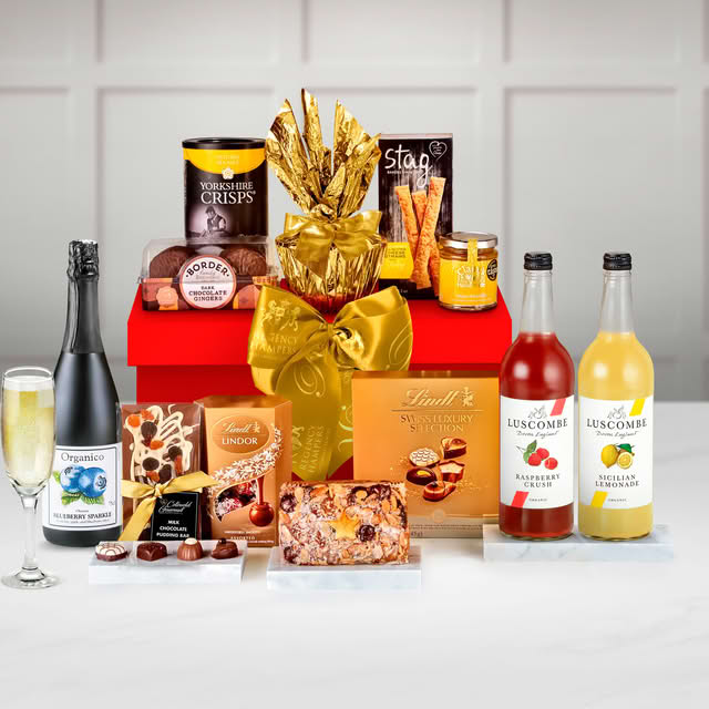 Burford Gift Box With Organic Blueberry Sparkle Drink in a Lidded Large Gift Box - Red (430mm X 315mm X 200mm