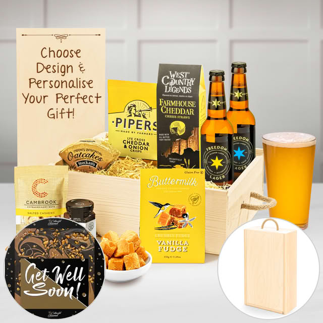 Personalised House Warming Hamper - Lager, Crisps, Nuts, Biscuits, Fudge & More