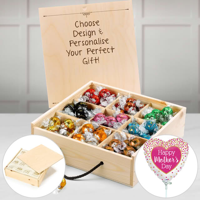 Regency Hampers Lindor Truffle Gift Box with Lindor Milk Chocolate Tuffle Chocolates in a Retro Sweets Wooden Box