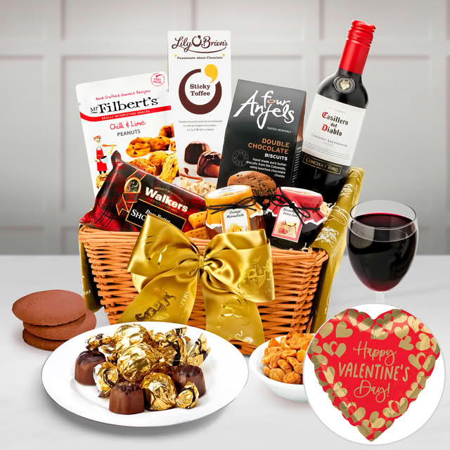 Valentine's Day Barrington Gift Hamper With Casillero Del Diablo Red Wine In An Open Willow Tray