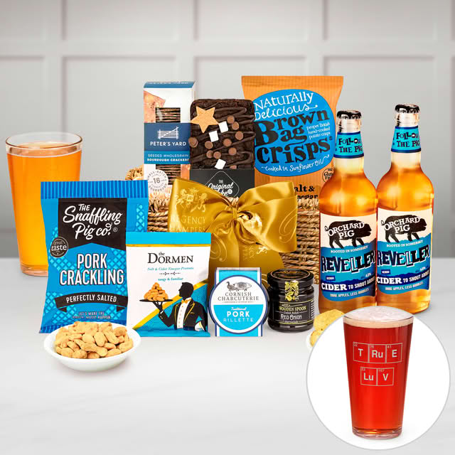 Valentine's Day Gentleman's Treats Gift Hamper With Orchard Pig Reveller Cider and "true Love" Engraved Pint Glass in a Seagrass Tray