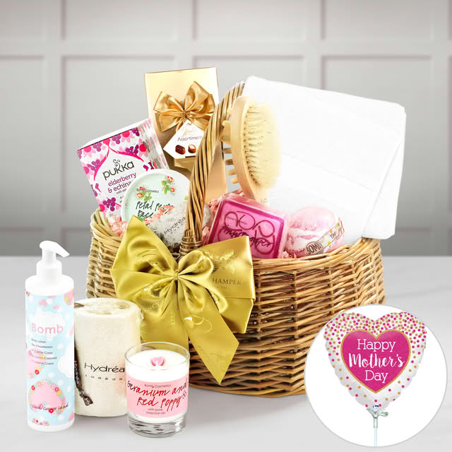 Mother's Day Spa-style Pampering Set Gift Basket With Hames Dusted Prosecco Truffles in a Hand Made Large Wicker Shopper