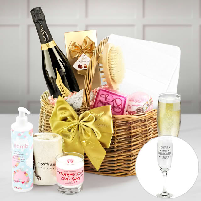Gifts For Teachers Spa-style Pampering Set Gift Basket With Zonin 1821 Prosecco in a Hand Made Large Wicker Shopper