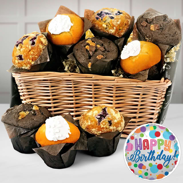 Birthday Fresh Muffin Share Basket in a Hand-woven Seagrass Tray