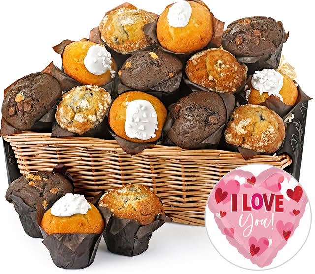 Fresh Muffin Share Basket With "I Love You" Balloon in a Hand Woven Willow Tray