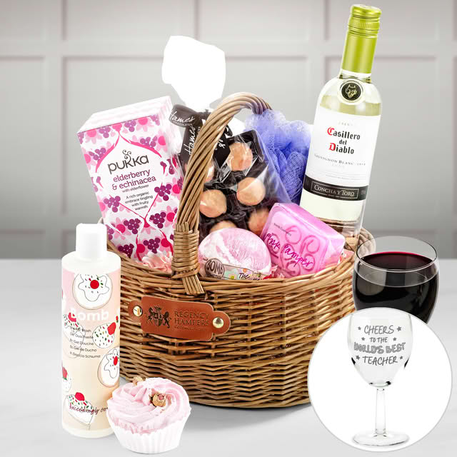 Gifts For Teachers Pampering Set in Gift Basket in a Hand Made Small Wicker Shopper