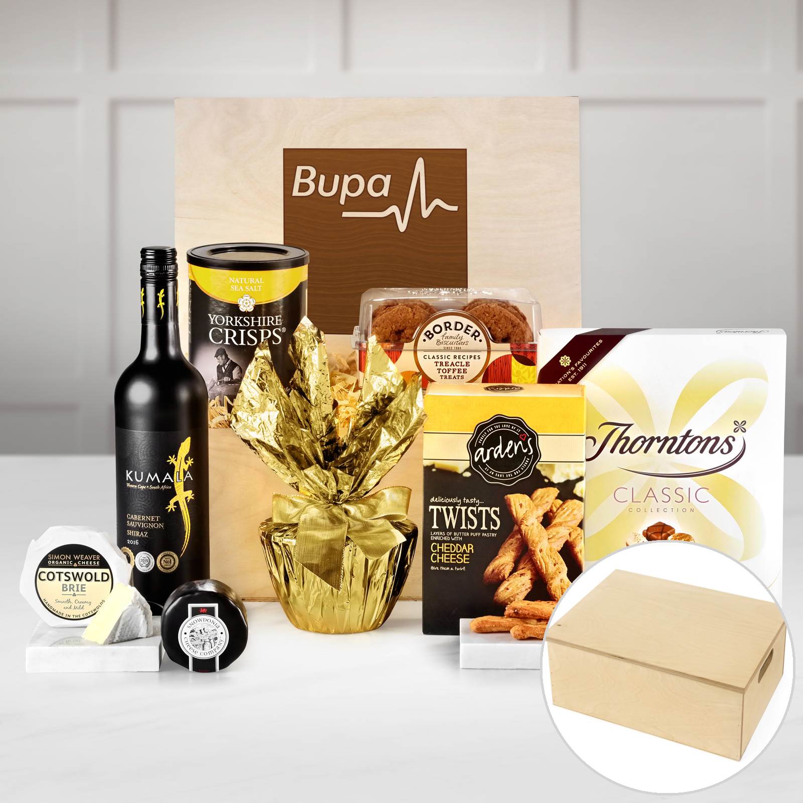 Harrogate Wooden Gift Box With Kumala Winemakers Shiraz Red Wine, Snowdonia Mature Cheddar Cheese and Thorntons Classic Collection