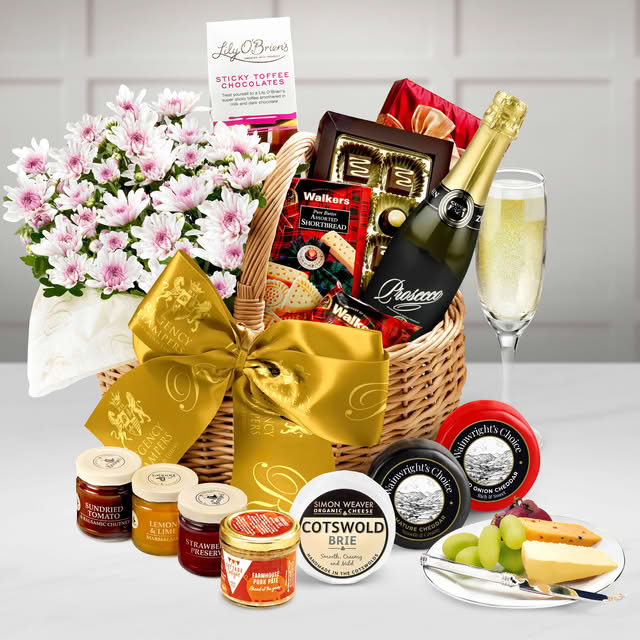 Austen Flower Gift Basket With Zonin, Prosecco Doc, 37.5cl in a Hand Made Large Wicker Shopper