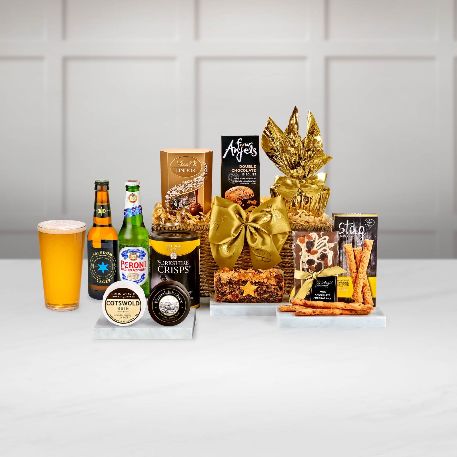 Bentley Gift Hamper With Peroni Lager, Wainwright's Choice, Vintage Mature Cheddar, 150g in a Hand Woven Willow Tray