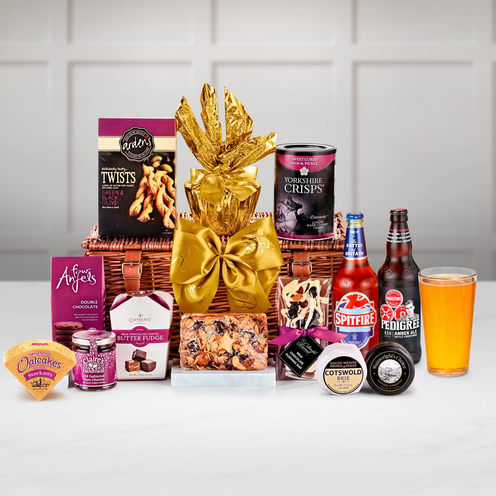 Regency Hampers Birthday Cambridge Gift Hamper with Spitfire Ale, Wainwright's Choice, Vintage Mature Cheddar, 150g in a Handmade Willow Picnic Hamper