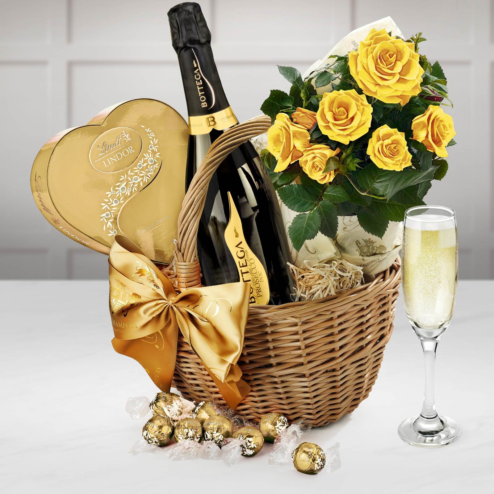Mother's Day Roses & Chocolate Gift Hamper With Bottega, Millesimato Spumante Brut, 75cl in a Hand Made Large Wicker Shopper
