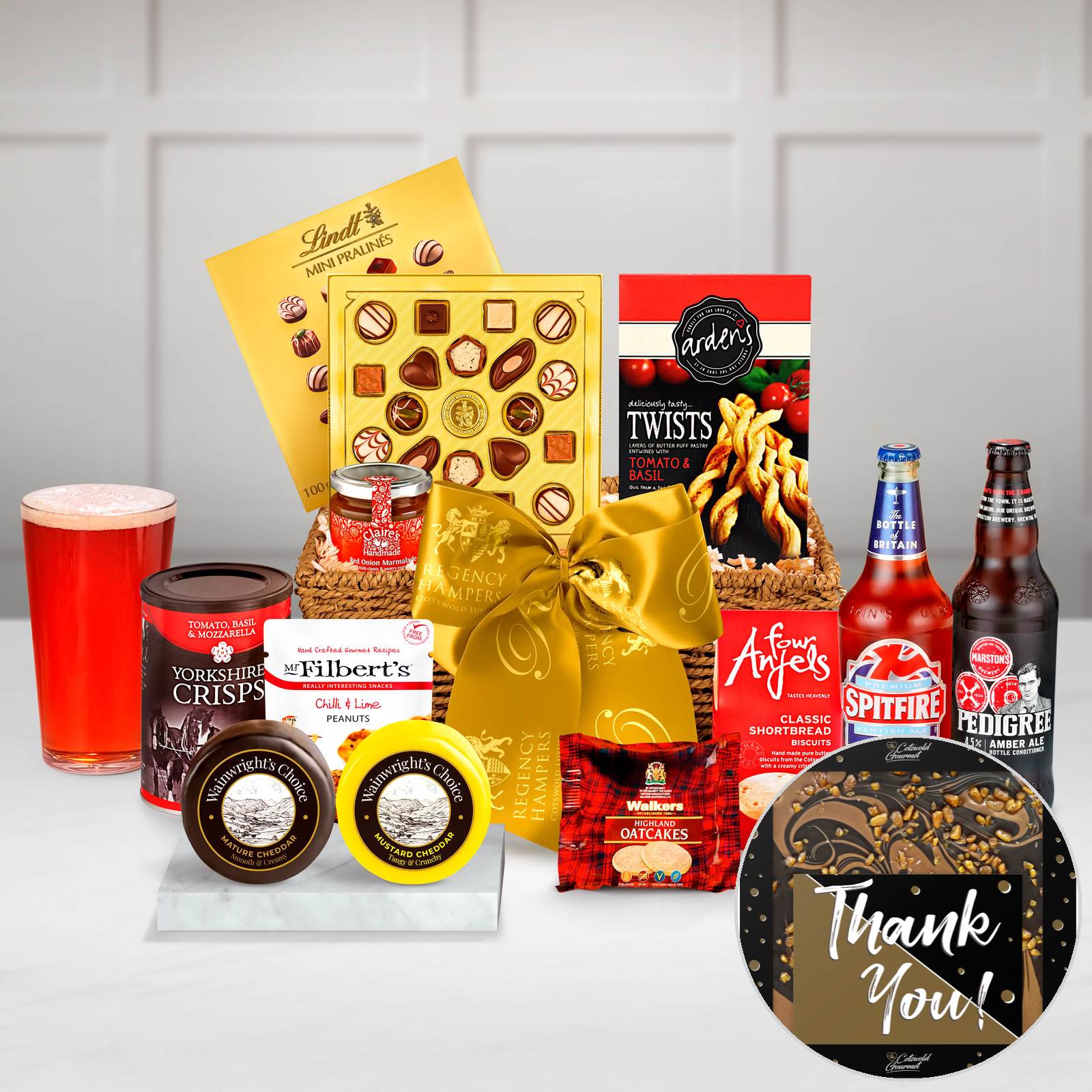 Thank You Oxford Gift Hamper With Marston's Pedigree Amber Ale, Ilchester, Wensleydale & Cranberry in a Hand Woven Willow Tray