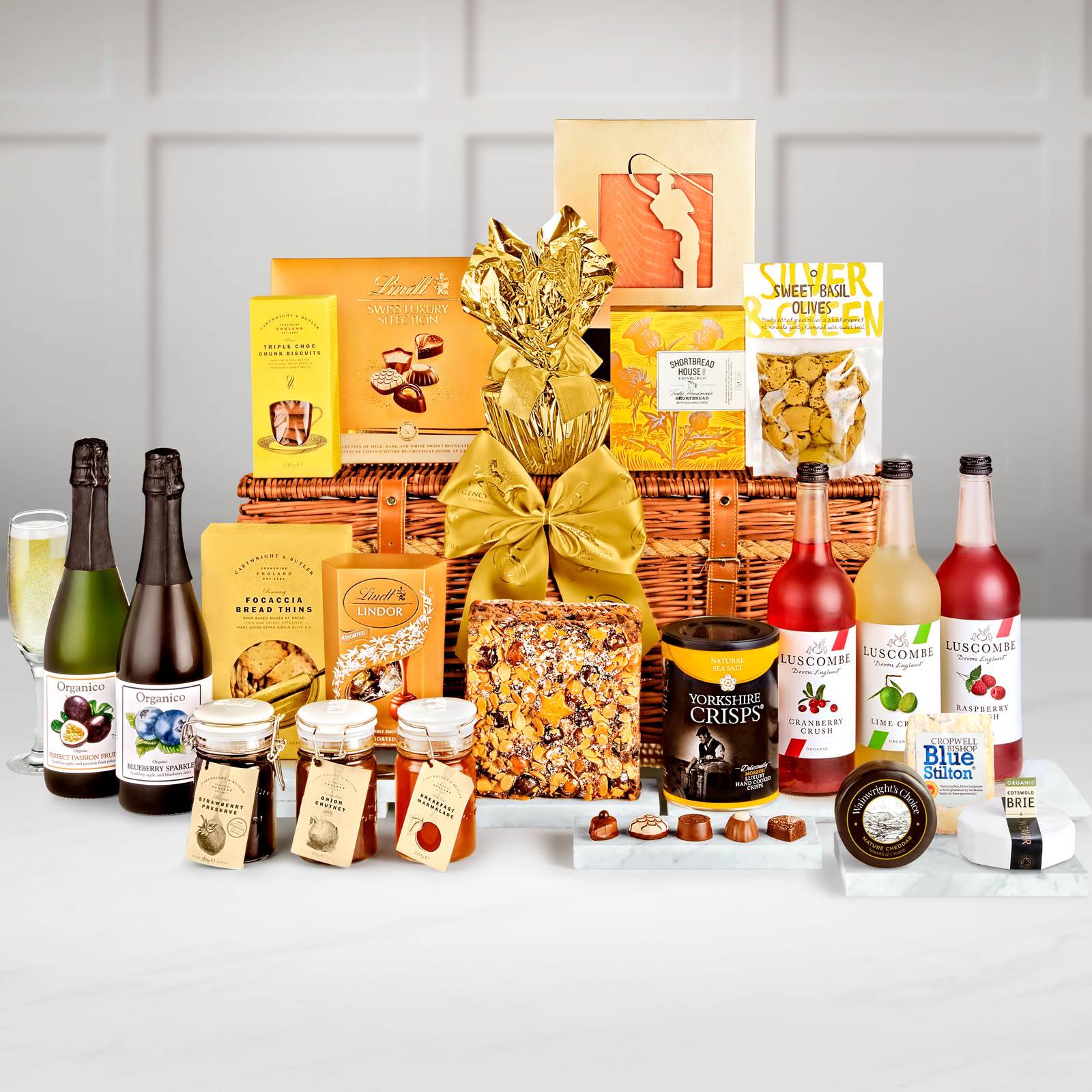 Regency Hampers Chartwell Alcohol-Free Gift Hamper with Luscombe, Wild Elderflower Bubbly, 74cl, Smoked Salmon in a Handmade Willow Picnic Hamper