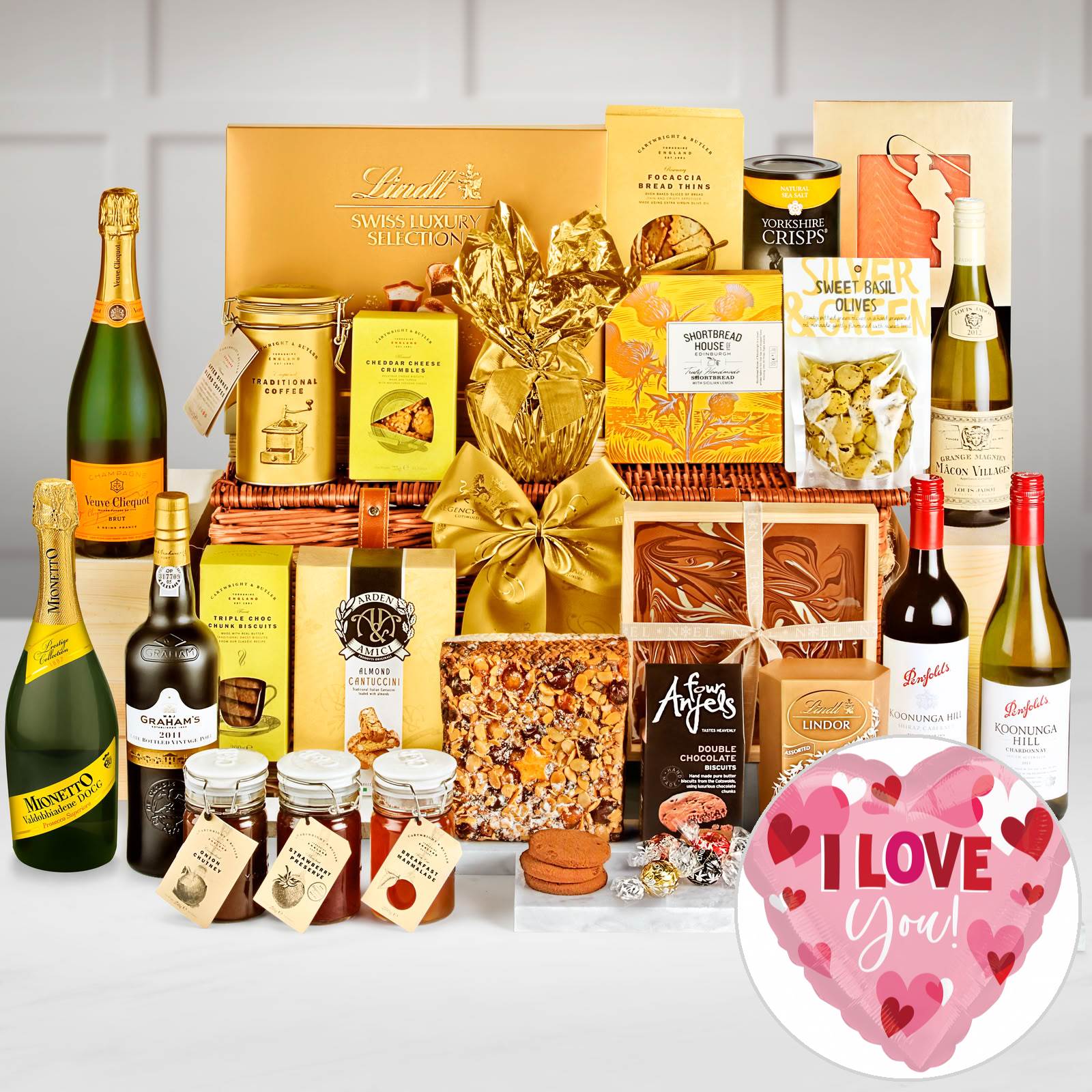 Frampton Gift Hamper With Veuve Clicquot Brut Champagne, Smoked Salmon and Blue Stilton Cheese in a Handmade Willow Picnic Hamper