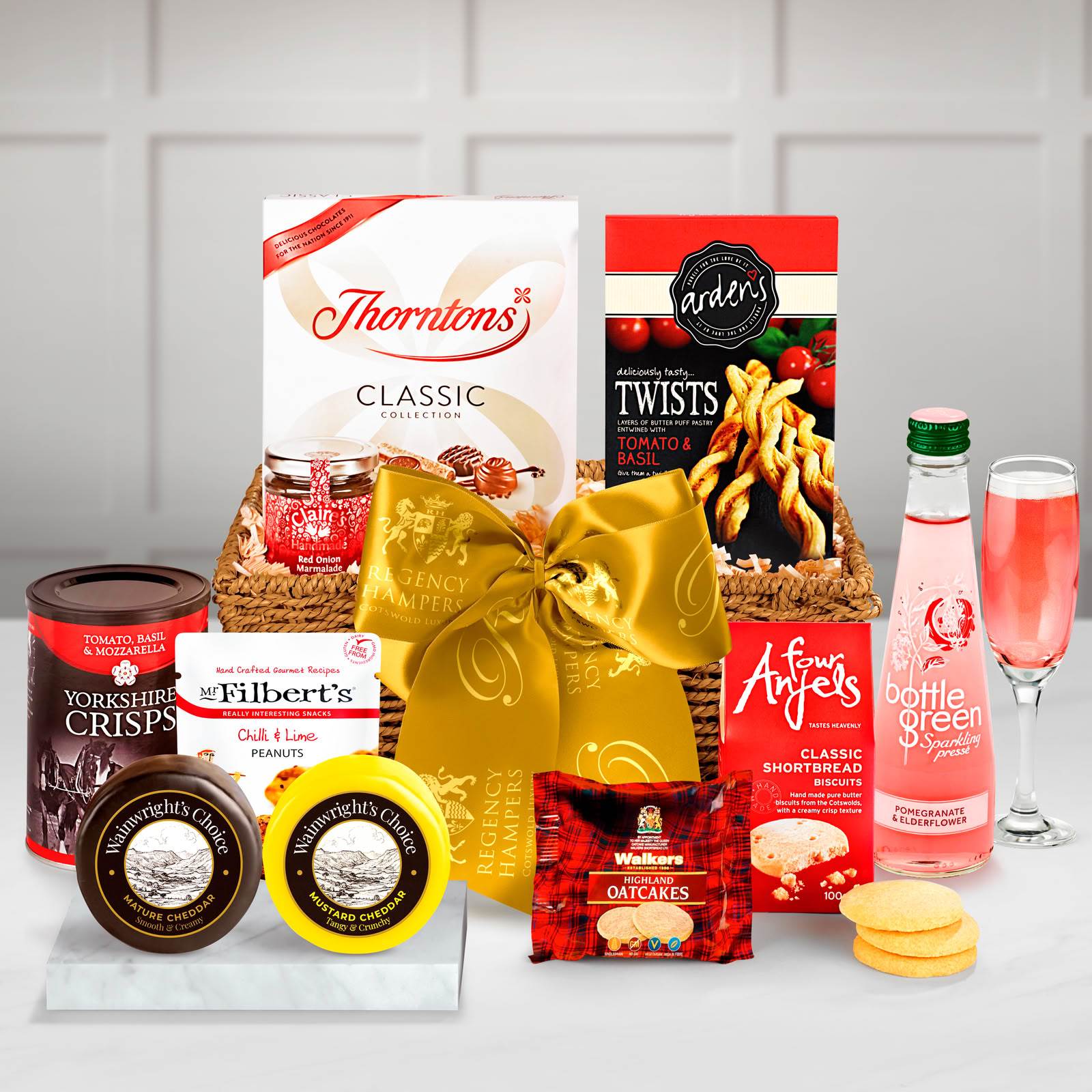 Regency Hampers Oxford Alcohol-Free Gift Hamper with Bottlegreen Pomegranate & Elderflower Pressé in a Hand Woven Willow Tray