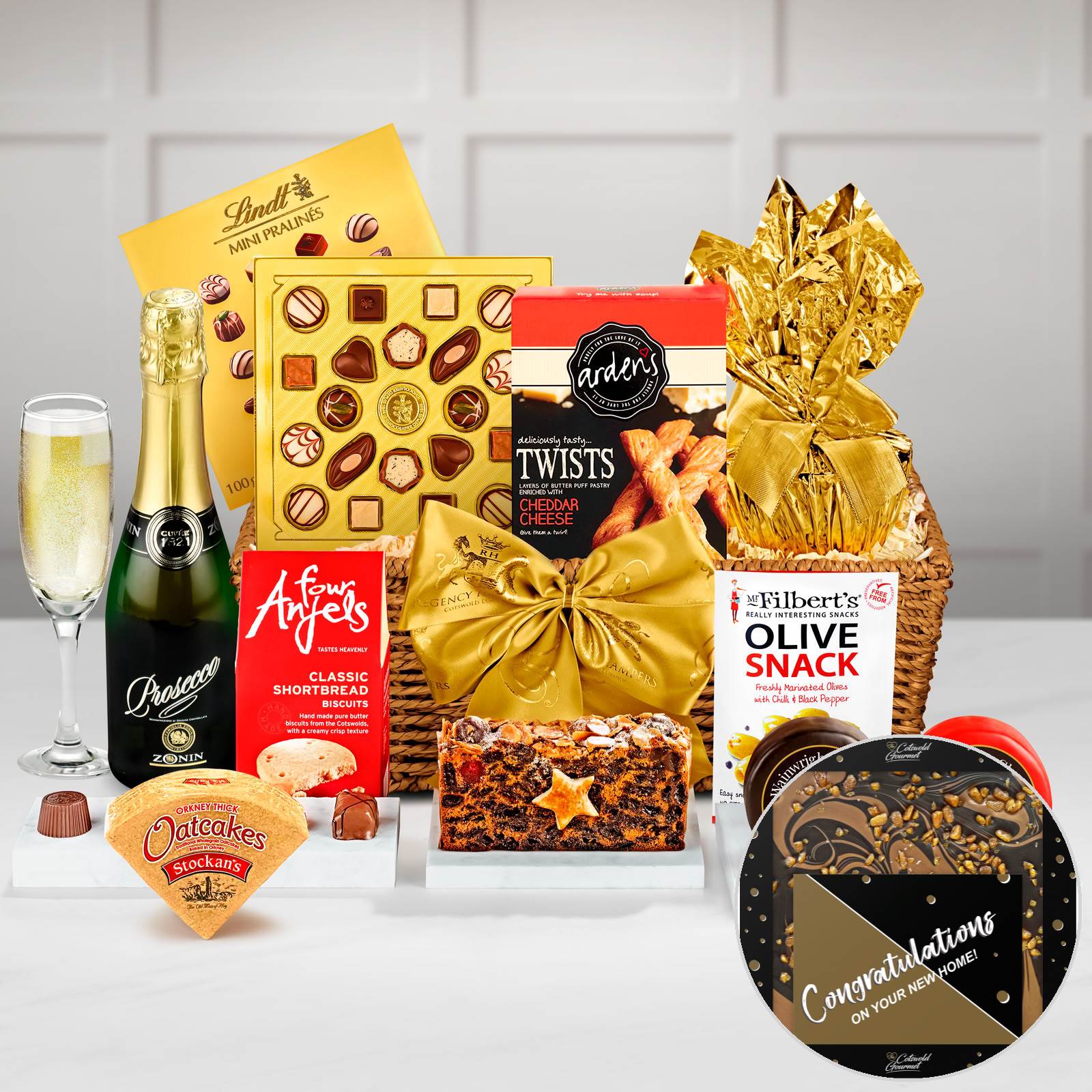 Regency Hampers New Home Drayton Gift Tray with Zonin 1821 Prosecco, Ilchester, Wensleydale & Cranberry in a Hand Woven Willow Tray