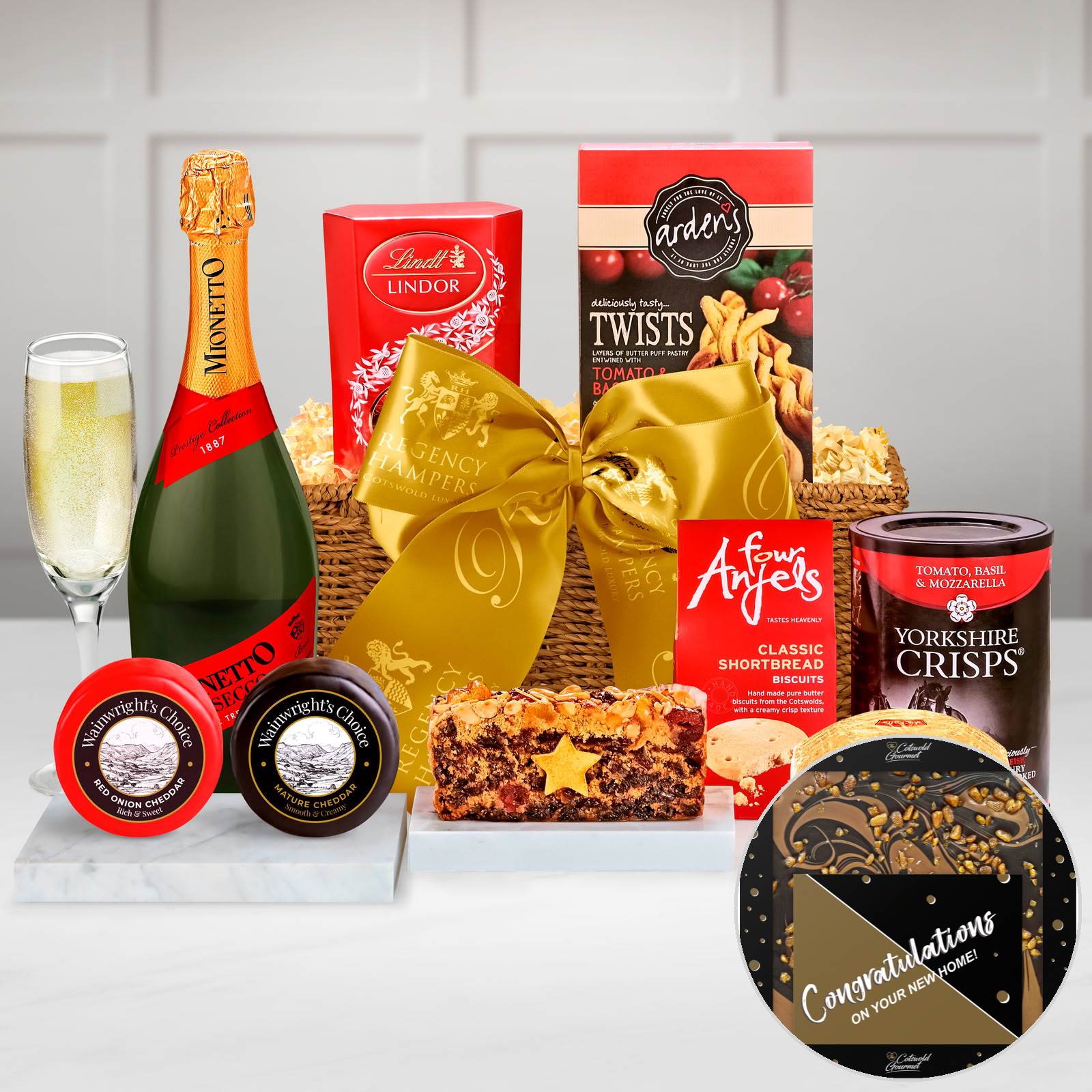 New Home Belmont Gift Hamper With Ilchester, Wensleydale & Cranberry, Lindor Milk Chocolate in a Hand Woven Seagrass Tray