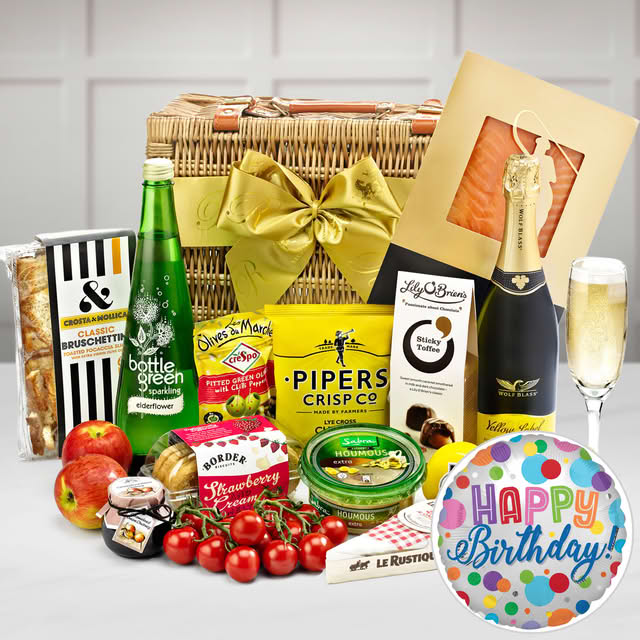 Birthday Badminton With Yellow Label Sparkling Brut, Luscombe, Damascene Rose Bubbly, 74cl in a Handmade Willow Picnic Hamper