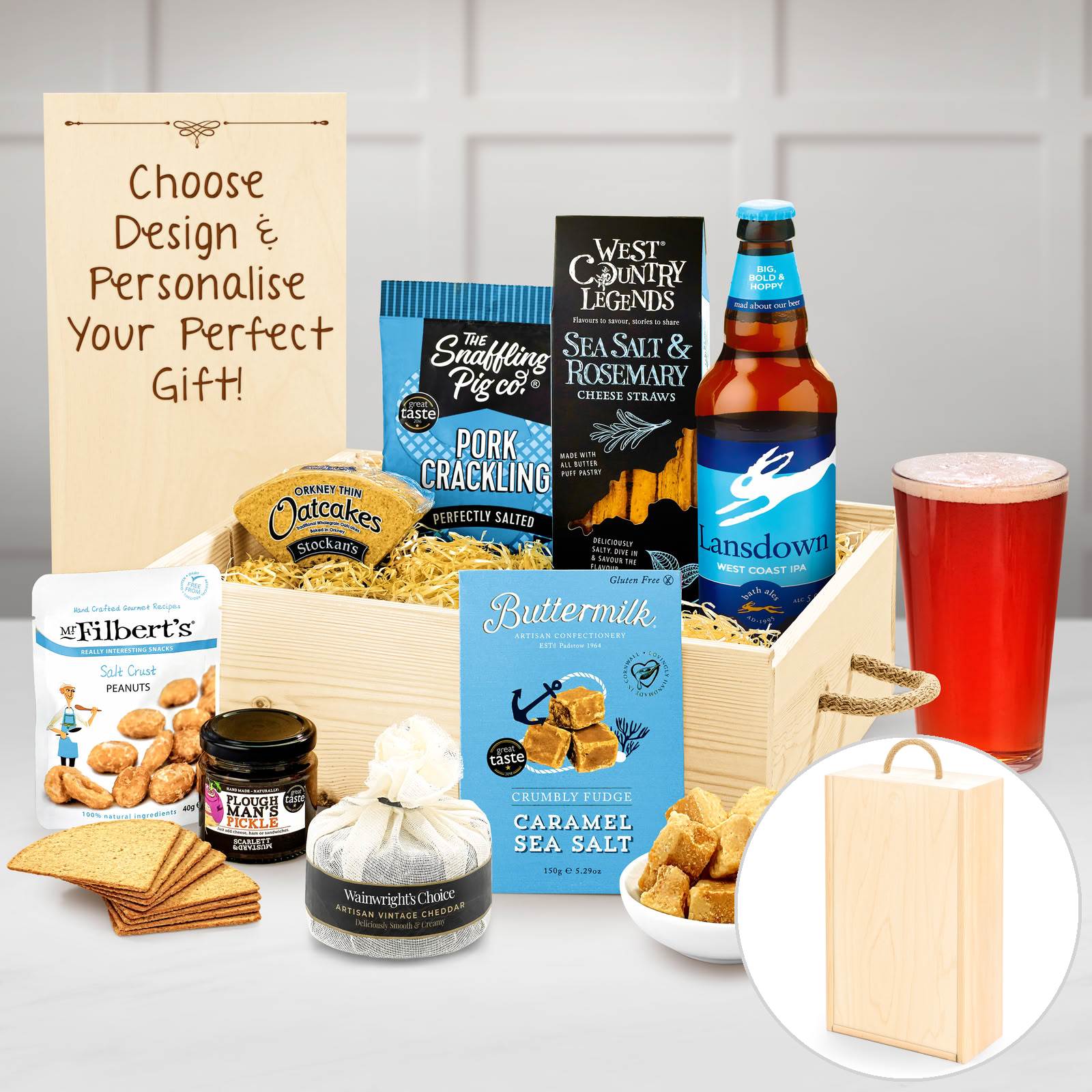Regency Hampers Personalised Man Favourites Cheese Gift Box with Bath Ales, Lansdown, West Coast IPA, 500ml in a Wooden Gift Box