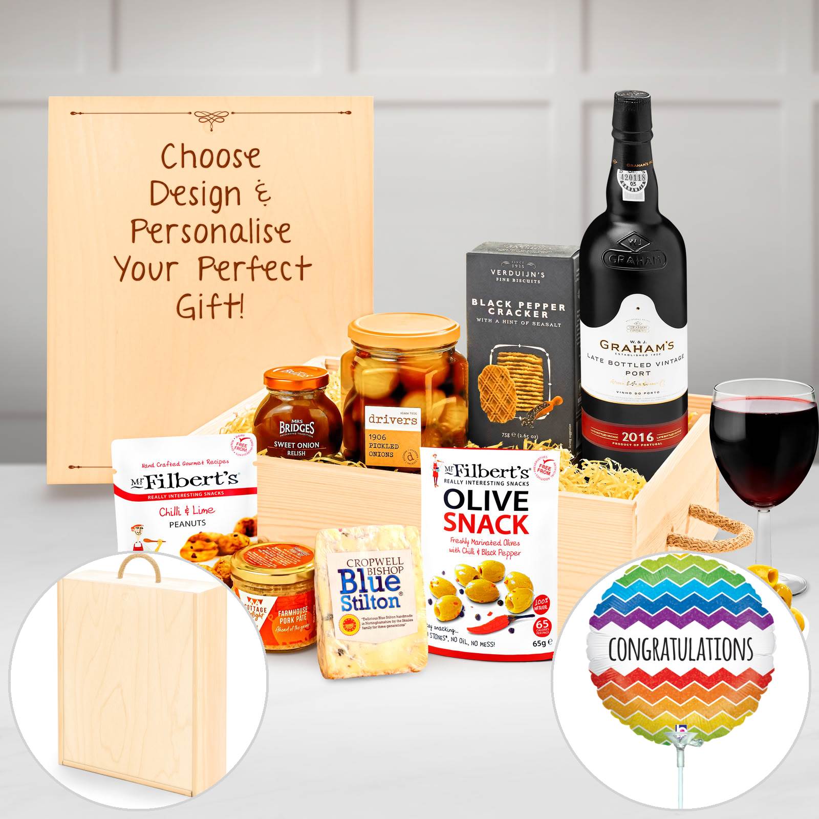 New Home Personalised Cheese & Pâté Selection Gift Box With Cottage Delight, Farmhouse Pork Pâte, 90g in a Three Bottle Wooden Box