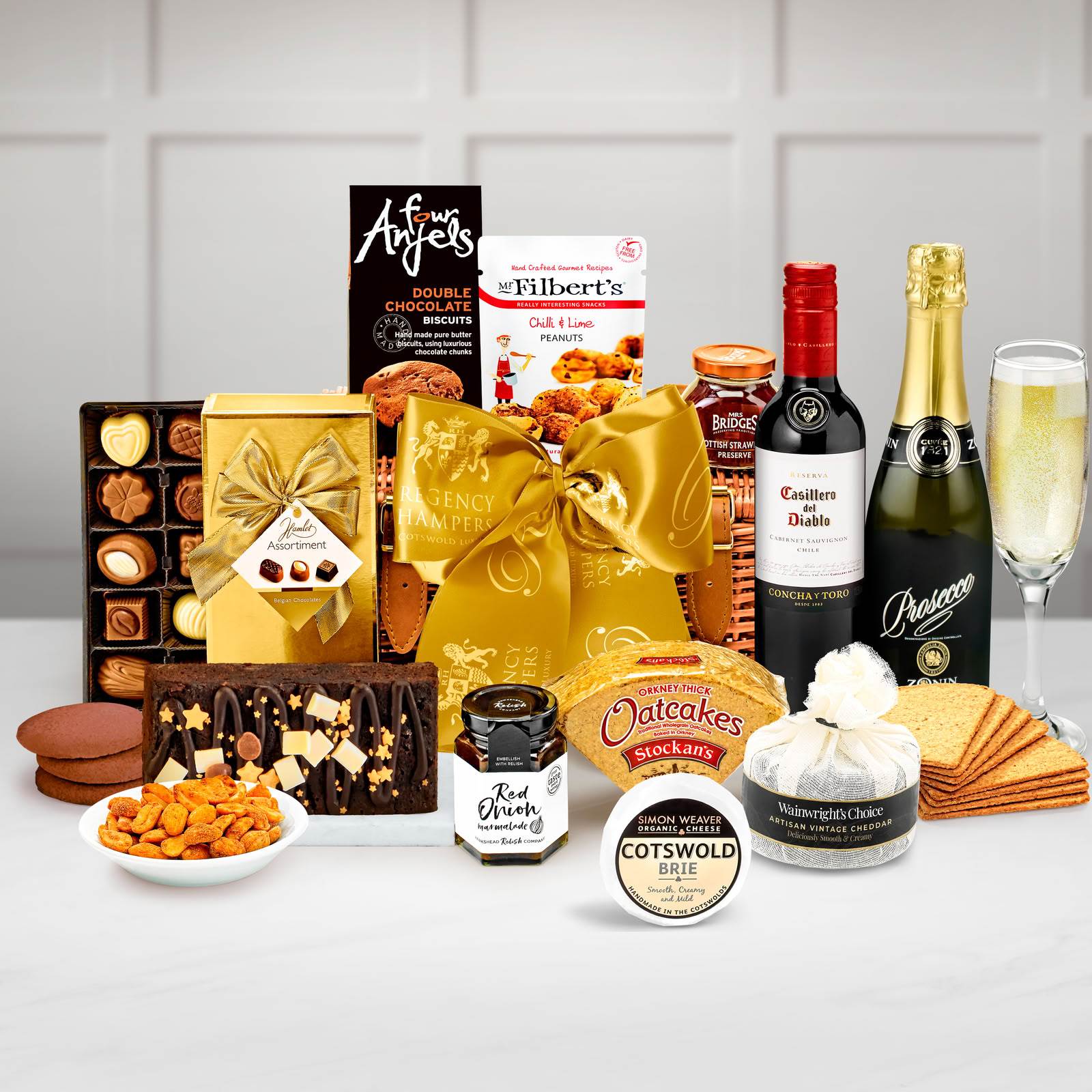 Wellington Gift Hamper With Zonin 1821 Prosecco, Cottage Delight, Farmhouse Pork Pâte, 90g in a Handmade 12" Willow Picnic Hamper