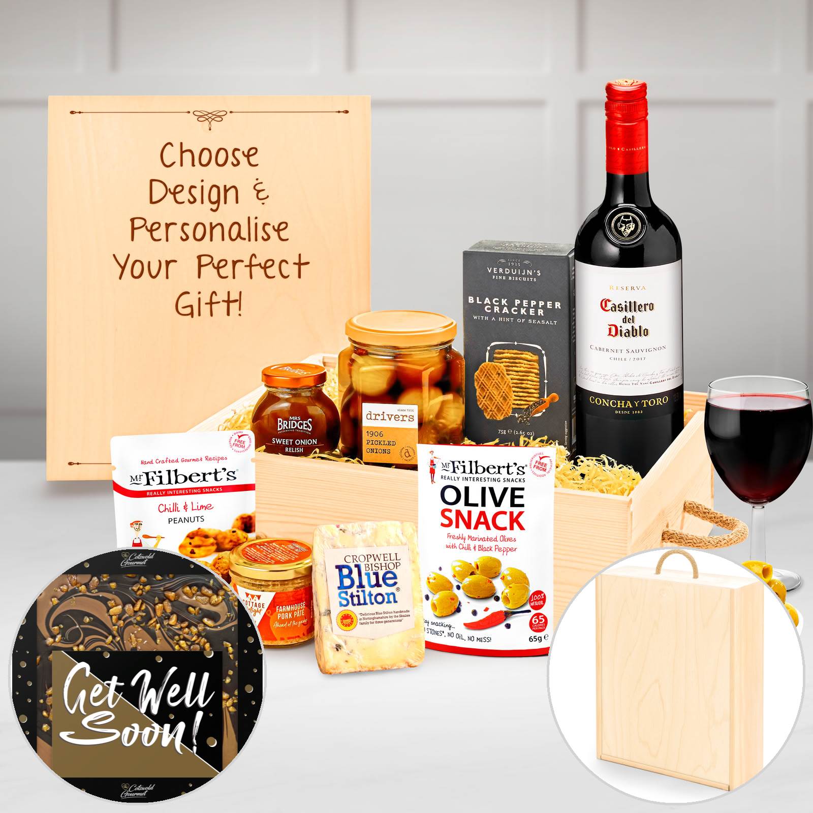 Personalised Cheese & Pâté Selection Gift Box With Casillero Del Diablo Cabernet Sauvignon in a Three Bottle Wooden Box