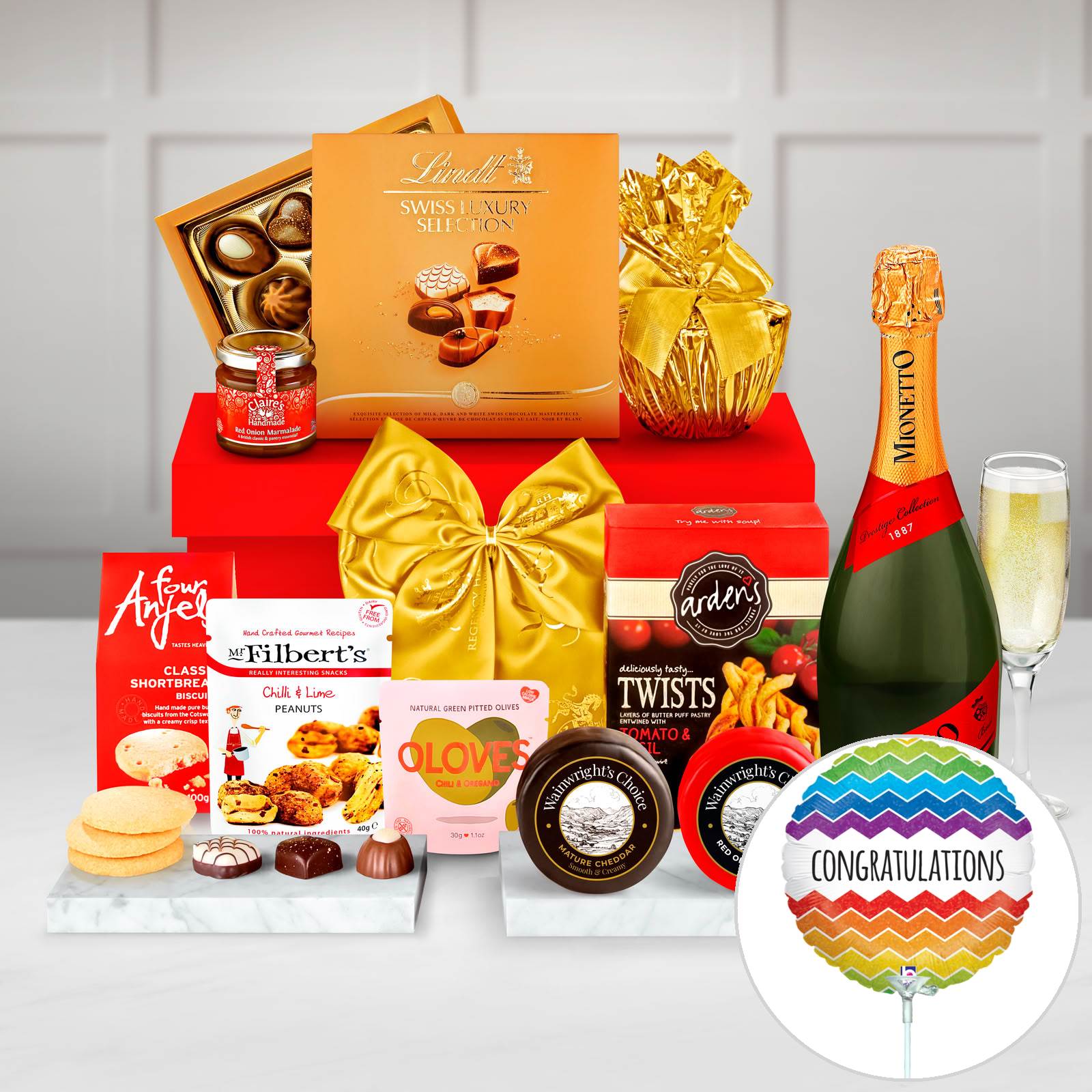 Congratulations Edinburgh Gift Box With Ilchester, Wensleydale & Cranberry in a Lidded Medium Gift Box - Red (370mm X 285mm X 180m