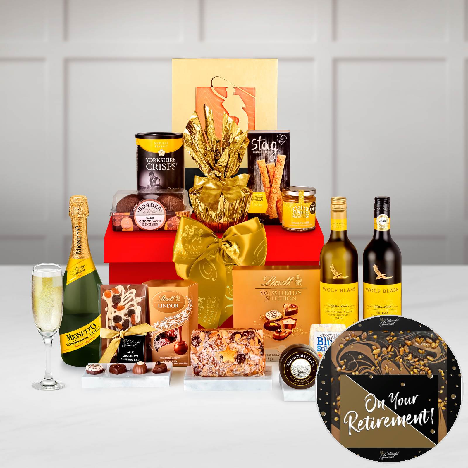 Retirement Berwick Gift Box With Yellow Label Shiraz Red Wine, Smoked Salmon in a Lidded Large Gift Box - Red (430mm X 315mm X 200mm