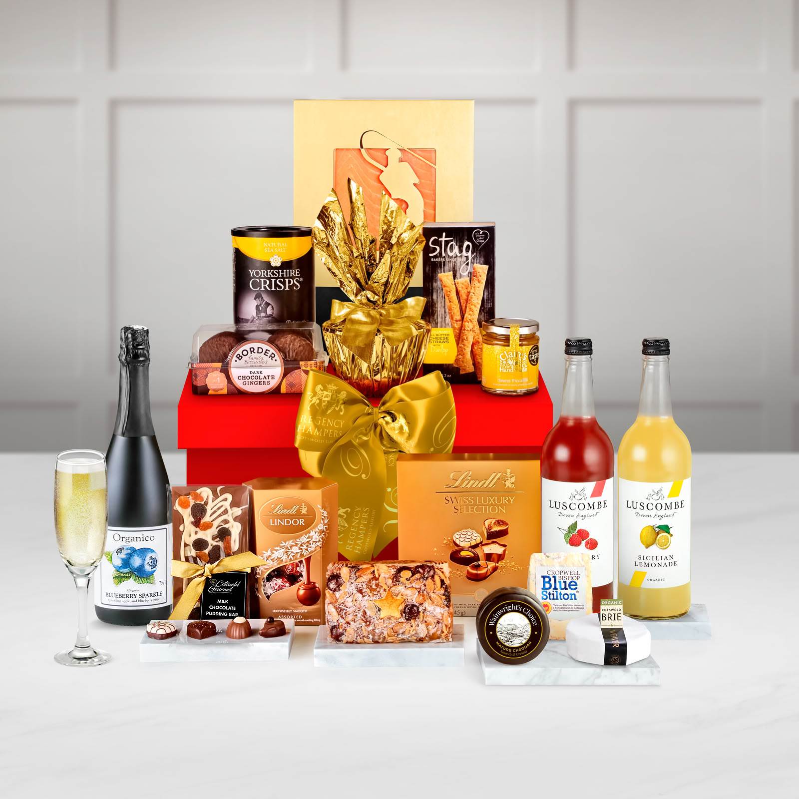 Berwick Gift Box With Organic Blueberry Sparkle Drink, Smoked Salmon in a Lidded Large Gift Box - Red (430mm X 315mm X 200mm