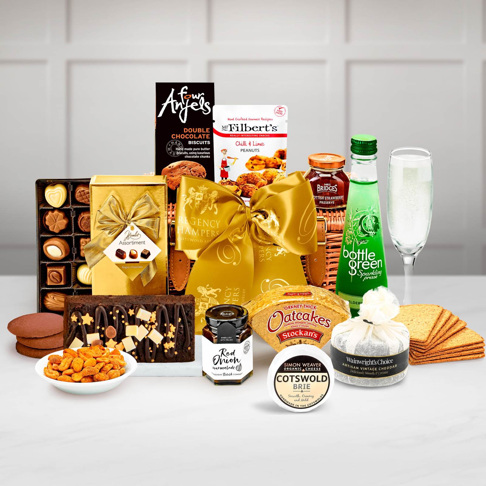 Regency Hampers Wellington Alcohol-Free Gift Hamper with Bottlegreen Elderflower Sparkling Pressé in a Handmade 12" Willow Picnic Hamper
